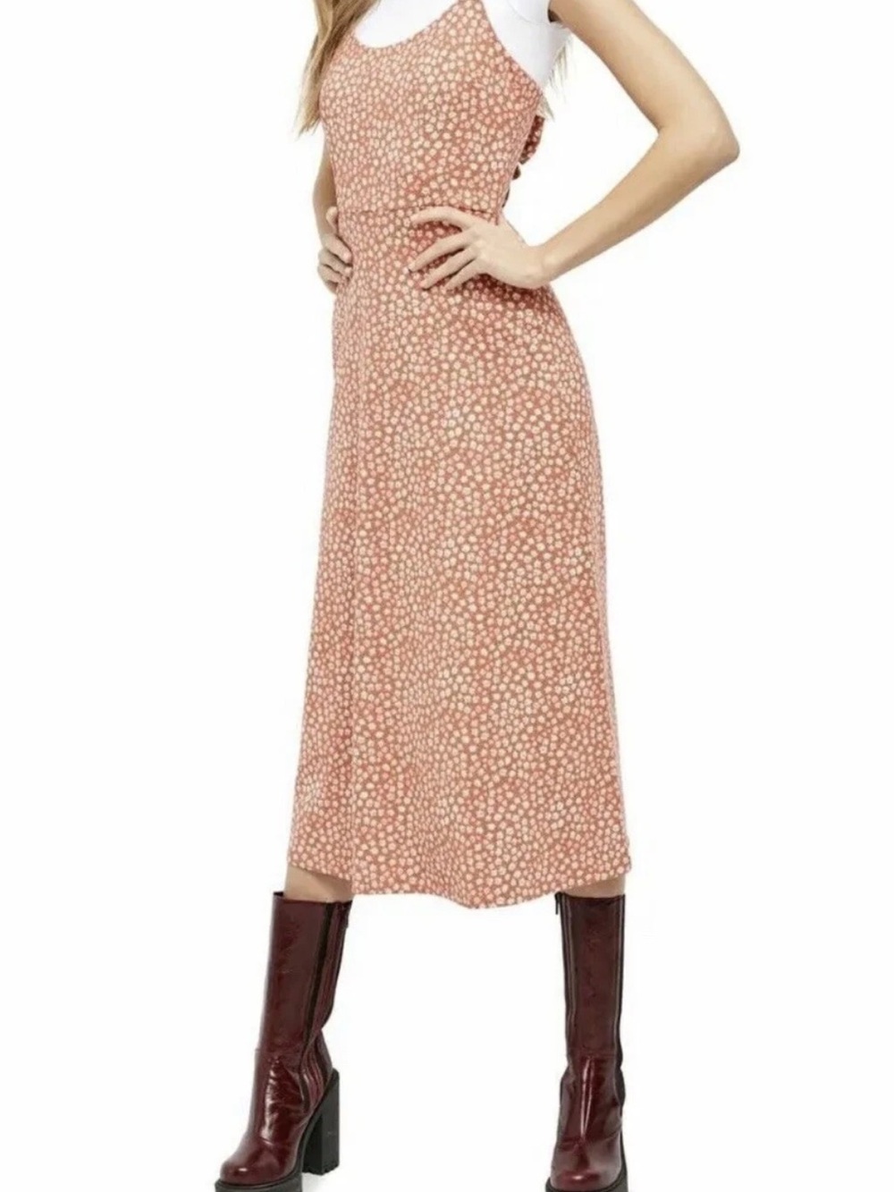 Free People Lorelai Daisy Print Tie Back Midi Dress in Red XS